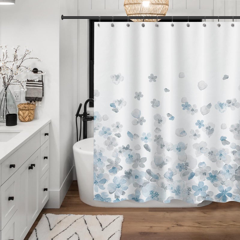 Sunlit Design Simple Style Blue and Gray Flower Blossoms Fabric Shower Curtains for Bathroom Decor with White Background, Machine Washable - Image 3